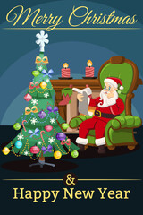 Festive Greeting Card or Postcard Template with Room Decorated for Holidays, Christmas tree, Fireplace, Armchair and Slide of Gifts. Santa Claus Lair. Colorful Vector Illustration in Modern Flat Style