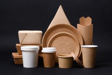 A set of disposable eco-friendly paper utensils on a dark background. The concept of using...