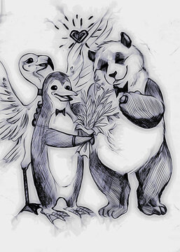 Cute illustration of a panda and a penguin that are getting married. The priest is a flamingo.