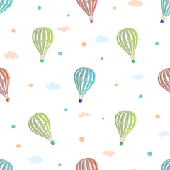 Vector seamless pattern with hot air balloon 3d in 3d style on white background.