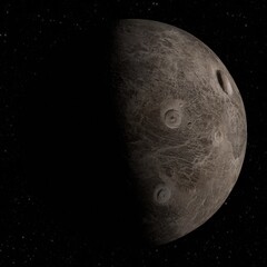 Ceres. Das Besondere ist eine 8k Textur. Ich habe es geschafft, mit meinem Hochleistungscomputer eine Sphäre zu erstellen, mit 32.000.000 Faces. Die Krater werfen Schatten. Reales Licht Spiel! © Adis