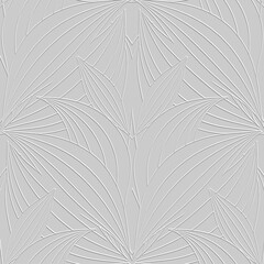 Textured floral line art 3d seamless pattern. Ornamental relief striped background. Repeat embossed floral white backdrop. Surface abstract lines flowers, leaves. 3d hand drawn leafy grunge ornaments