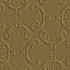 Beautiful emboss greek vector seamless pattern. Baroque style textured 3d background. Ethnic ancient style repeat surface backdrop. Vintage greek key meanders relief ornament. Floral embossed texture