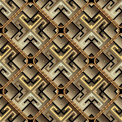 Textured traditional greek 3d seamless pattern. Gold ornamental vector background. Patterned repeat backdrop. Geometric rhombus ornaments with ropes frames. Modern beautiful design. Surface texture