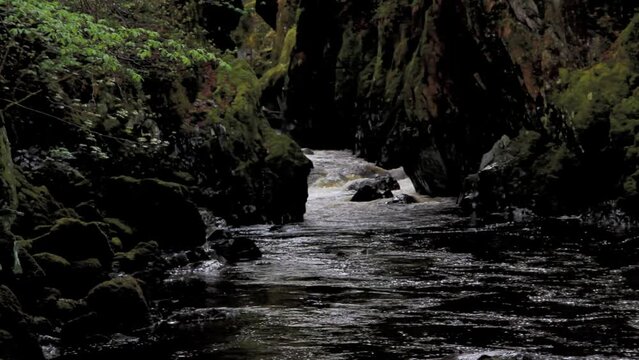 Beautiful Gorge with river The Fairy Glen, Betws-y-Coed, Snowdonia, Wales, UK, landscape, dark moody lighting.