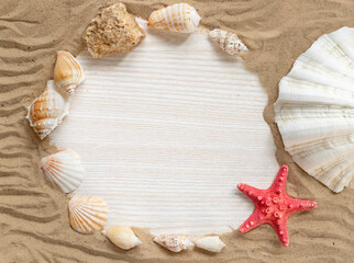 Summer background for text. Frame with sand, seashells. Backdrop for invitation to  vacation, travel.