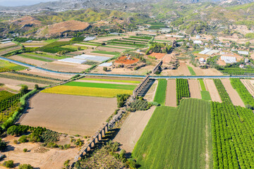 Roman aqueduct. Aspendos. Turkey. Ruins of the ancient city. Shooting from a drone