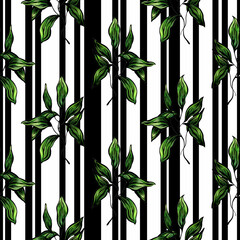 Seamless pattern with green leaves on a striped black and white background