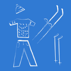 Vector drawing with a brush. Winter skiing stuff. Skis, sweater, hat, ski poles.