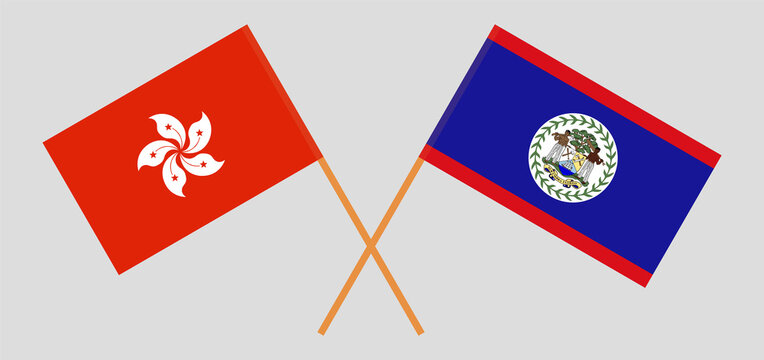 Crossed flags of Hong Kong and Belize. Official colors. Correct proportion