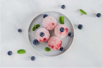 Fruit jelly. Jelly with pomegranate seeds and blueberries. Party appetizer. Dessert with mint leaves.