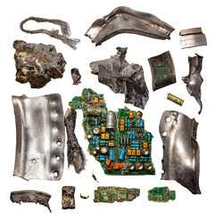 Fragments of the Russian-made Kh-22 anti-ship cruise missile. Debris of a high-explosive cumulative warhead, a jet engine and electronic boards with electronic components from the Cold War era. - 514529353