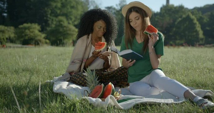 Outdoor picnic of two lovely happy multi-ethnic girlfriends eating the watermelon. The blonde caucasian girl is smiling and reading the book while her african friend happily chatting via the mobile