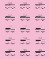 Lash loading logo design in repeating pattern set against a pink background. Cute fun beauty concept wallpaper