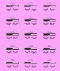 Lash loading logo design in repeating pattern set against a purple background. Cute fun beauty concept wallpaper