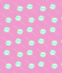 Cute candy pattern on pink background. Lollipop repeating wallpaper with green sweets.