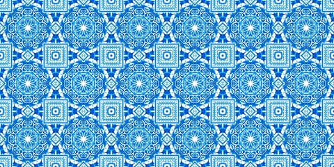 Fototapeta Blue white watercolor azulejo tile border background. Seamless coastal geometrical floral mosaic effect banner. Ornamental arabesque summer fashion repeat edge trim. obraz