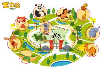 Zoo Map Cute Cartoon Animals Vector Illustration - obrazy, fototapety, plakaty