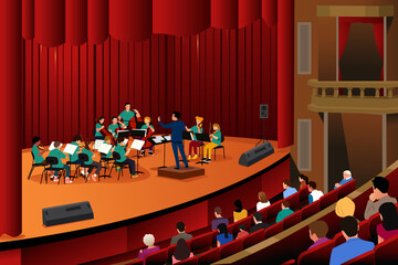 Student Musical Band Performance in Concert Hall Vector Illustration - obrazy, fototapety, plakaty