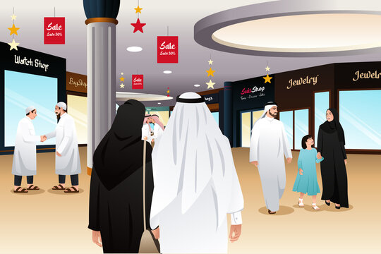 Muslim People Shopping in a Mall Vector Illustration