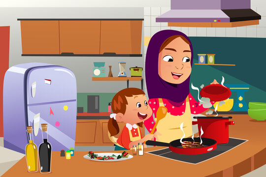 Muslim Mother and Daughter Cooking in the Kitchen Vector Illustration
