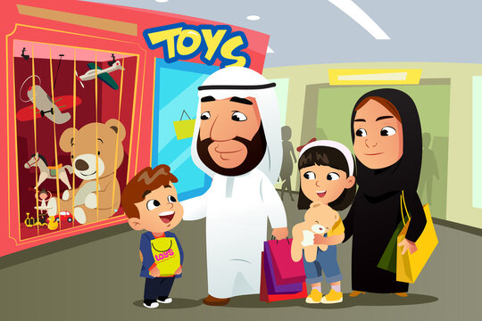 Muslim Family Shopping for Toys at the Mall Vector Illustration