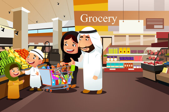 Muslim Family Shopping in Grocery Store Vector Illustration