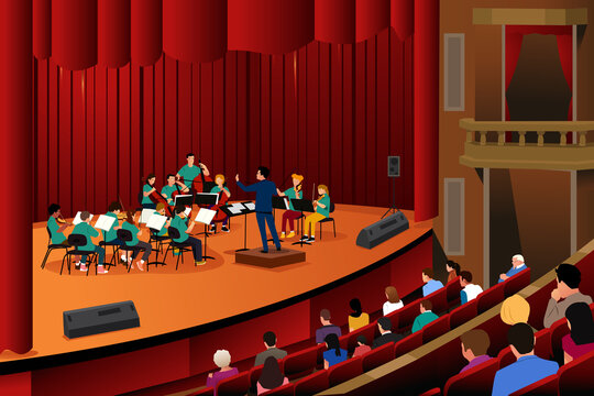 Student Musical Band Performance in Concert Hall Vector Illustration