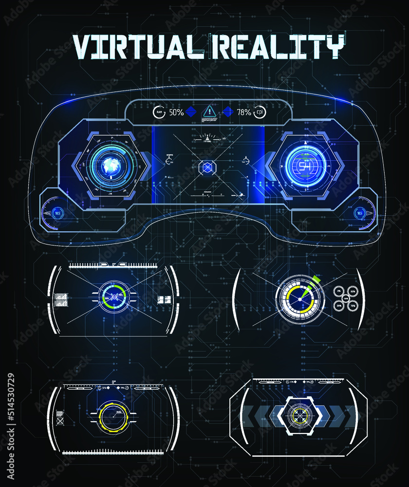 Poster Futuristic Vector HUD Interface Screen Design. Digital callouts titles. HUD UI GUI futuristic user interface screen elements set. High tech screen for video game. Sci-fi concept design.	