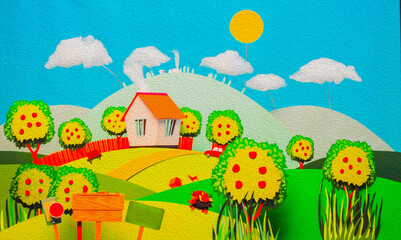 Obraz na płótnie Canvas a house made of paper. a cozy house among an orchard against the backdrop of a city of clouds and the sun. with empty signs for inscriptions in the foreground