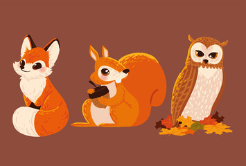 set autumn animals