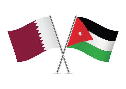 Qatar and Jordan crossed flags. Qatari and Jordanian flags on white background. Vector illustration.