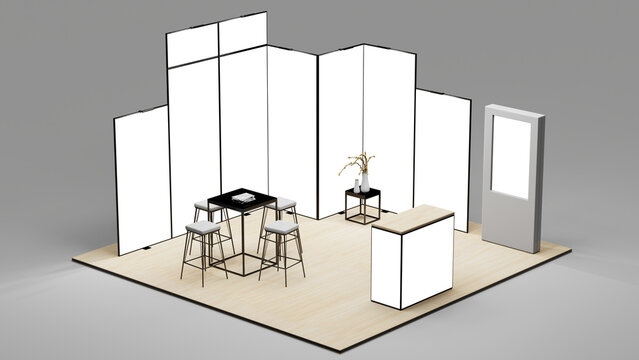 Photorealistic 3D Render of Exibition Stand. Alphachannel as placeholders to insert company logos, advertising poster, etc.