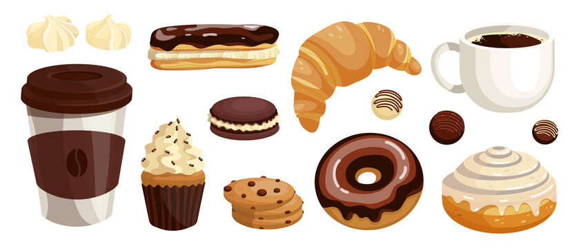 A set of sweet chocolate desserts, pastries and a cup, a glass of fragrant coffee. Cartoon vector graphics.
