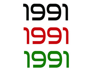 1991 year. Year set for comemoration in black, red and green. Vetor with background white.