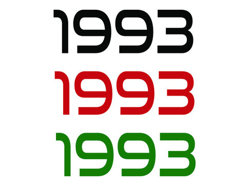 1993 year. Year set for comemoration in black, red and green. Vetor with background white.