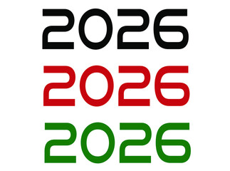 2026 year. Year set for comemoration in black, red and green. Vetor with background white.