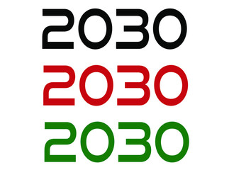 2030 year. Year set for comemoration in black, red and green. Vetor with background white.