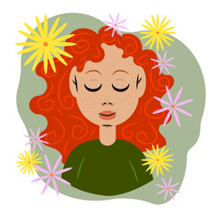 red haired girl with flowers