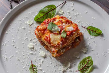 Beef Lasagna with Bloody Sorrel and Parmesan, Pecorino Romano and Mozzarella
