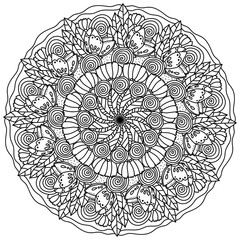 mandala with butterflies, flowers and bunches of leaves, meditative coloring page with ornate lines