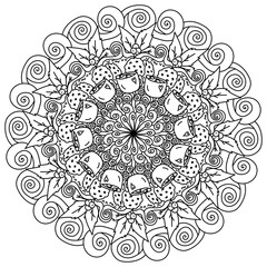 Christmas mandala, meditative coloring page with cup, holly and ornate patterns