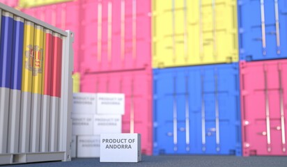 Carton with PRODUCT OF ANDORRA text and many containers, 3D rendering
