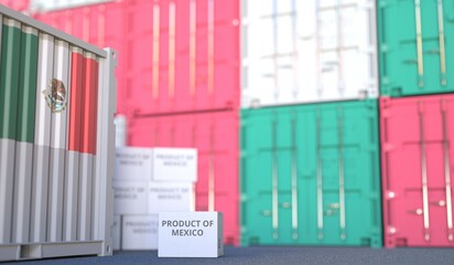 Box with PRODUCT OF MEXICO text and cargo containers. 3D rendering