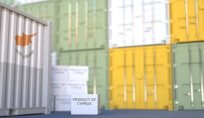 PRODUCT OF CYPRUS text on the cardboard box and cargo terminal full of containers. 3D rendering