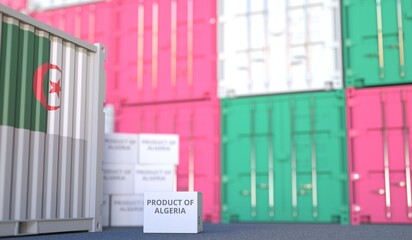 PRODUCT OF ALGERIA text on the cardboard box and cargo terminal full of containers. 3D rendering