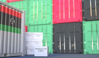 PRODUCT OF LIBYA text on the cardboard box and cargo terminal full of containers. 3D rendering