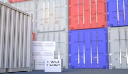 Box with CUSTOMS CLEARANCE text and cargo containers. 3D rendering