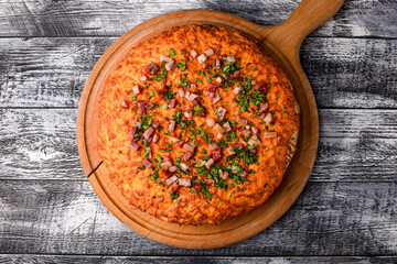 Pizza, hot pizza on a white wooden background, side and top view