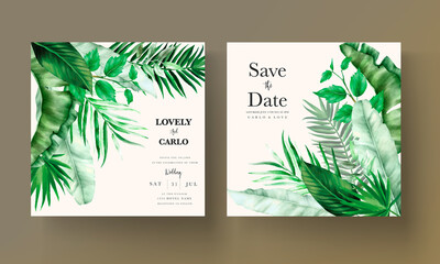 Tropical wedding invitation template with elegant tree leaves